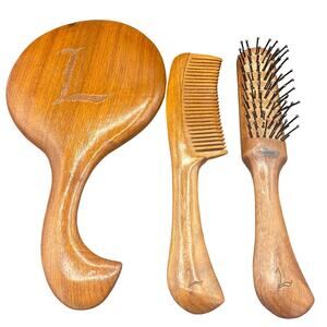 Wooden handheld tooth comb, paddle mirror and Hair Brush set monogrammed L